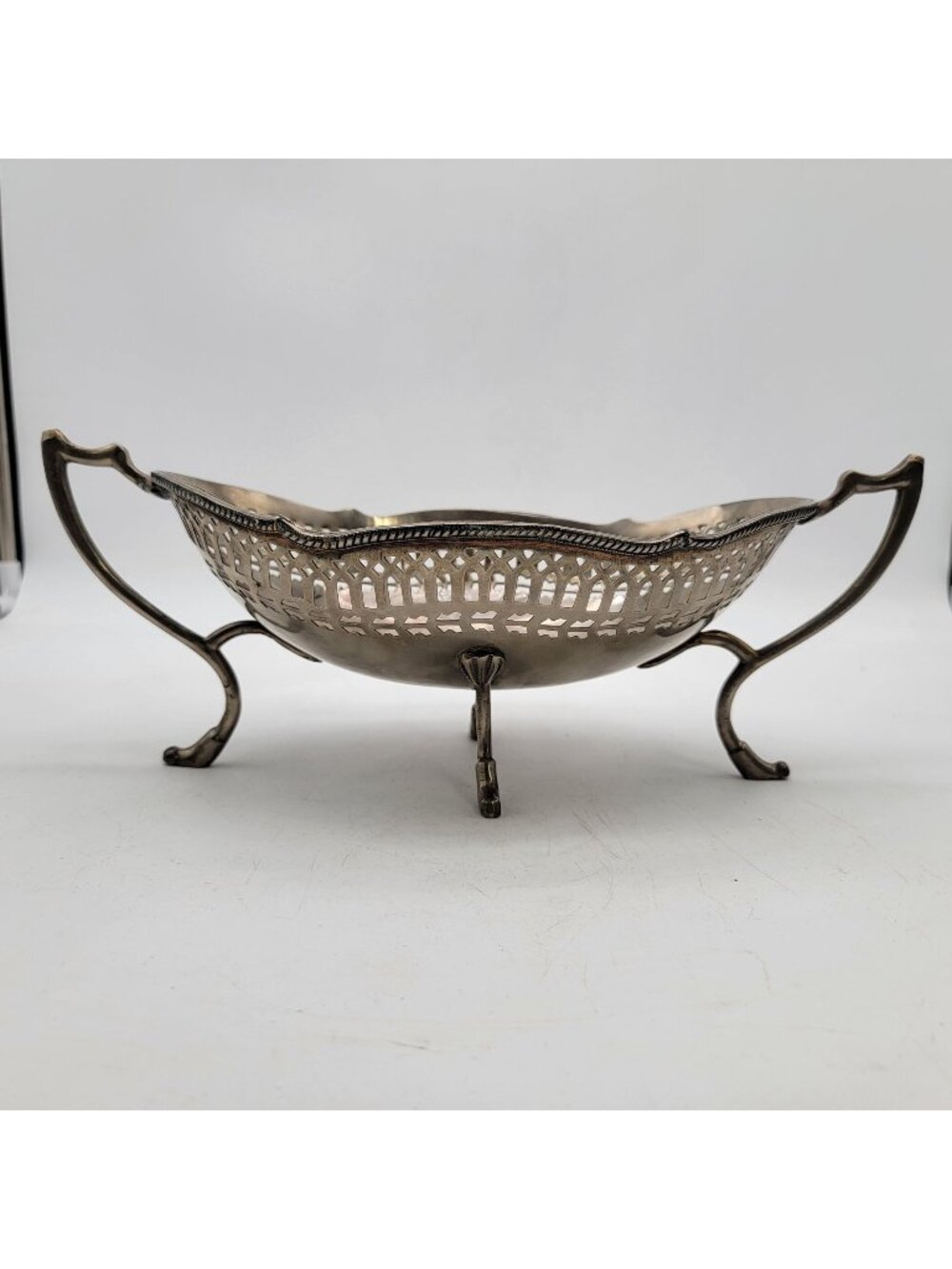 Antique Silver-Plated Reticulated Cake Basket With Scalloped Edges & Ornate Hand